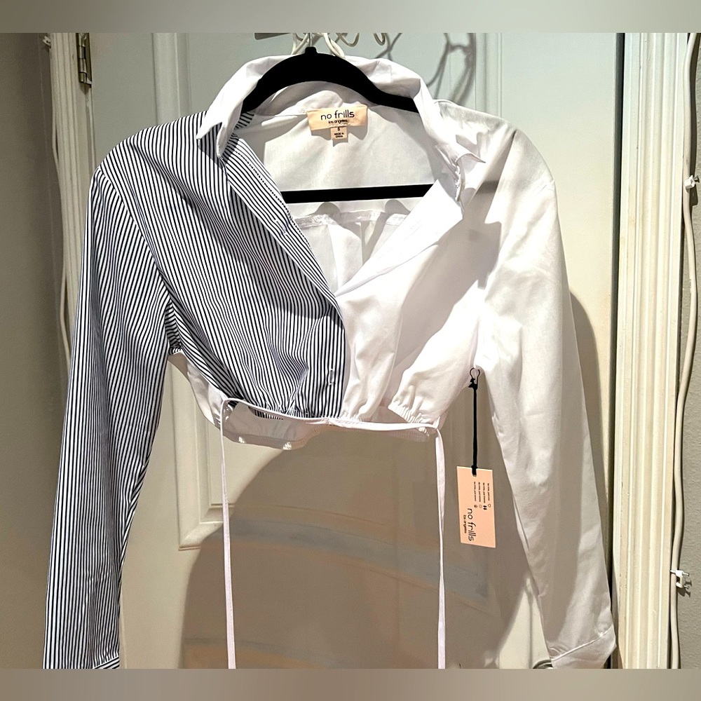 Dress shirt, cropped with wrap around string. New size small